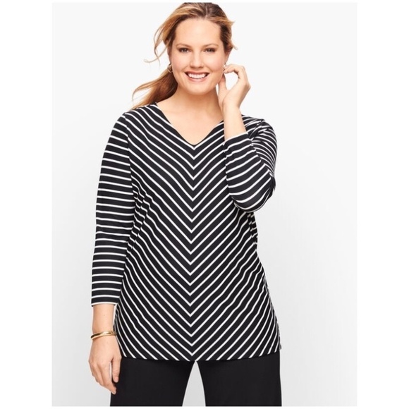 Talbots Pullover Jersey V Neck Stretch Blouse Black White Shirt Top, Size XL - Picture 1 of 10